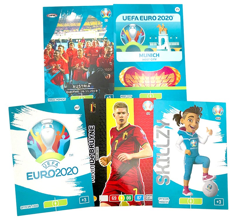 Abbildung von fünf Base Cards der UEFA Euro 2020 Adrenalyn XL