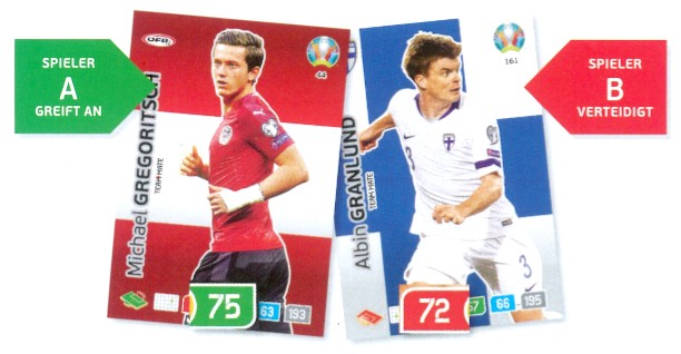 Erklärung eines Spielzugs 1vs1 mit zwei Karten der Euro 2020 Adrenalyn XL